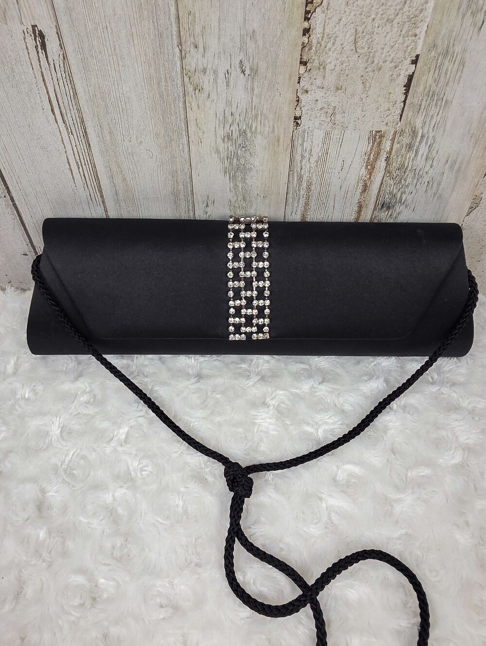 Valerie Stevens Black Satin Evening Clutch with Crystal Accent